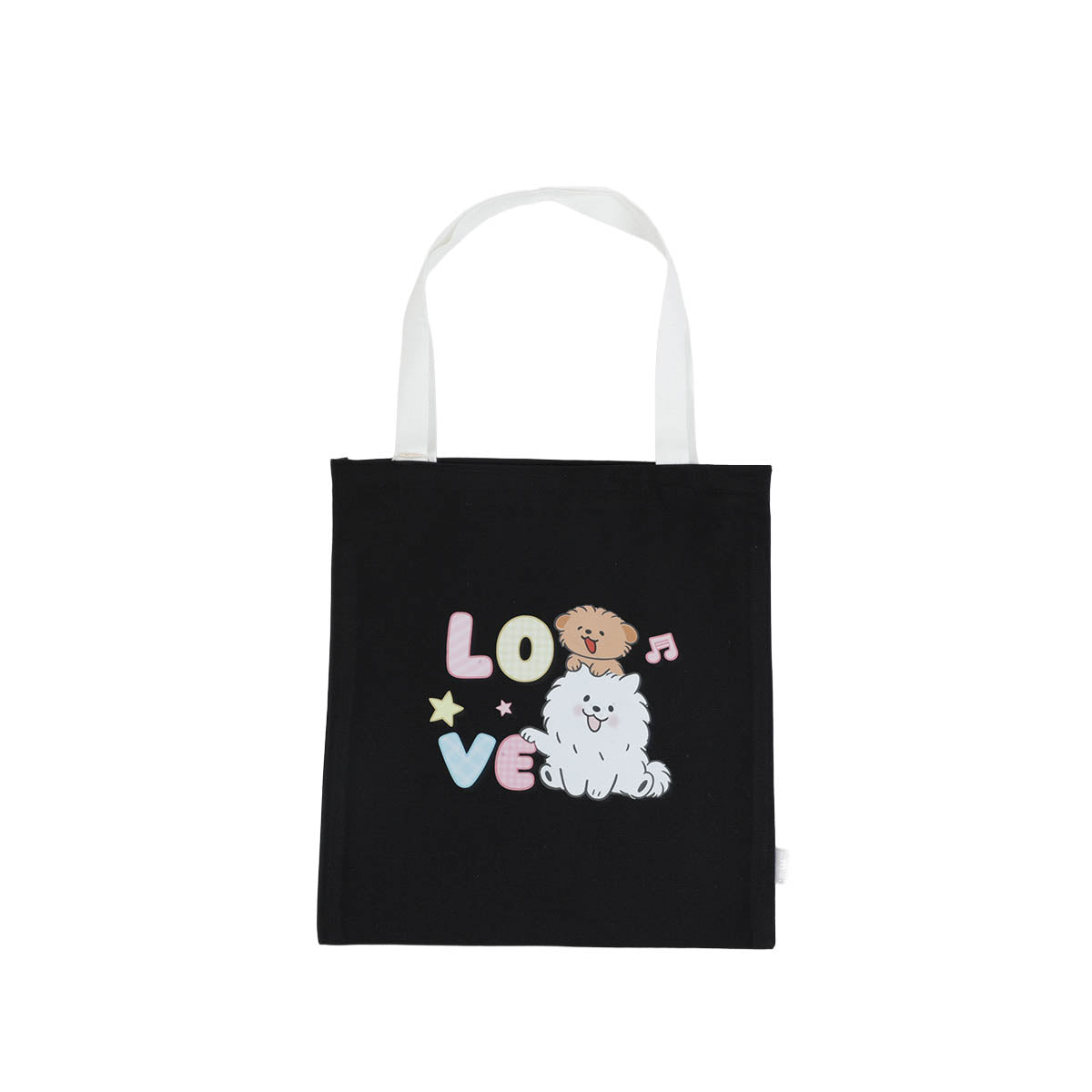 Black canvas shoulder tote bag with colorful 'Love' dog graphic and top handles