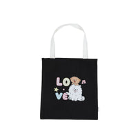 Black canvas shoulder tote bag with colorful 'Love' dog graphic and top handles