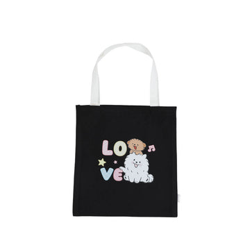 Black canvas shoulder tote bag with colorful 'Love' dog graphic and top handles