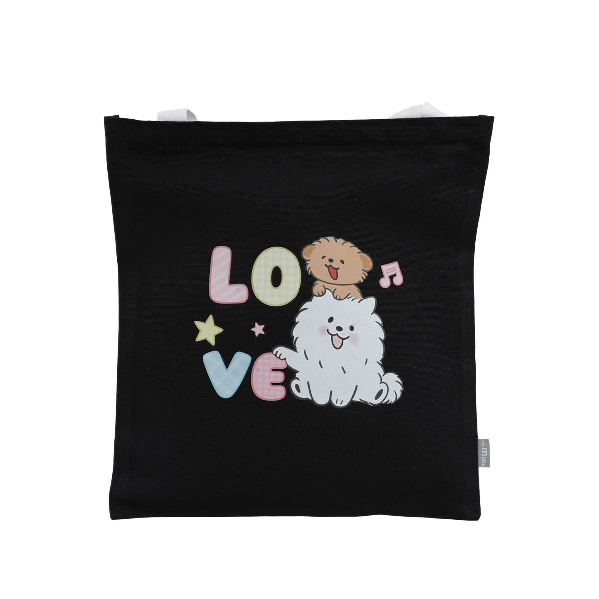 Black canvas shoulder tote bag with 'Love' dog illustration, stars, and musical notes