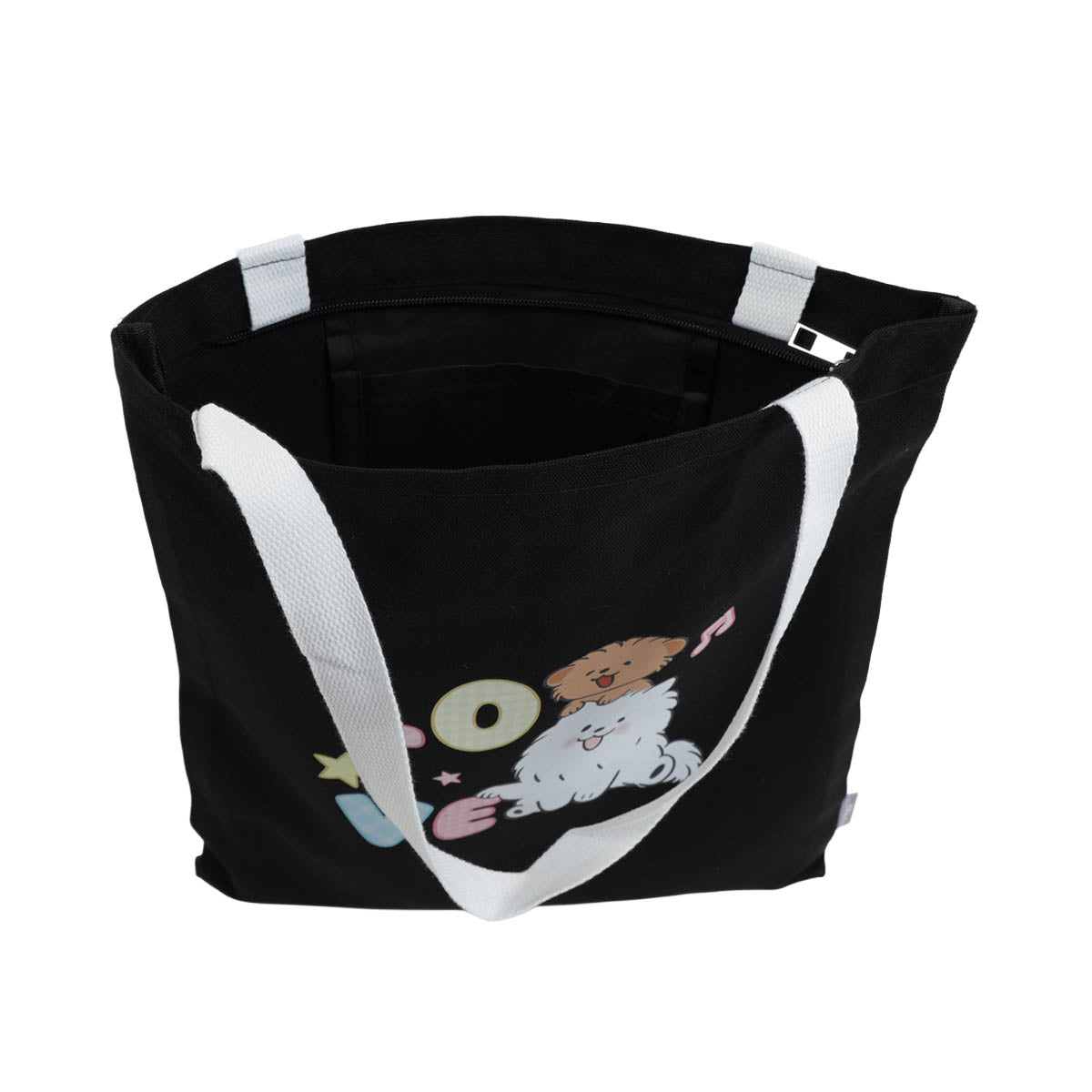 Black canvas tote bag with open top and striped handles, featuring a 'Love' dog graphic