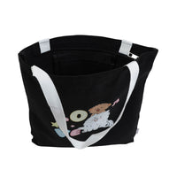 Black canvas tote bag with open top and striped handles, featuring a 'Love' dog graphic