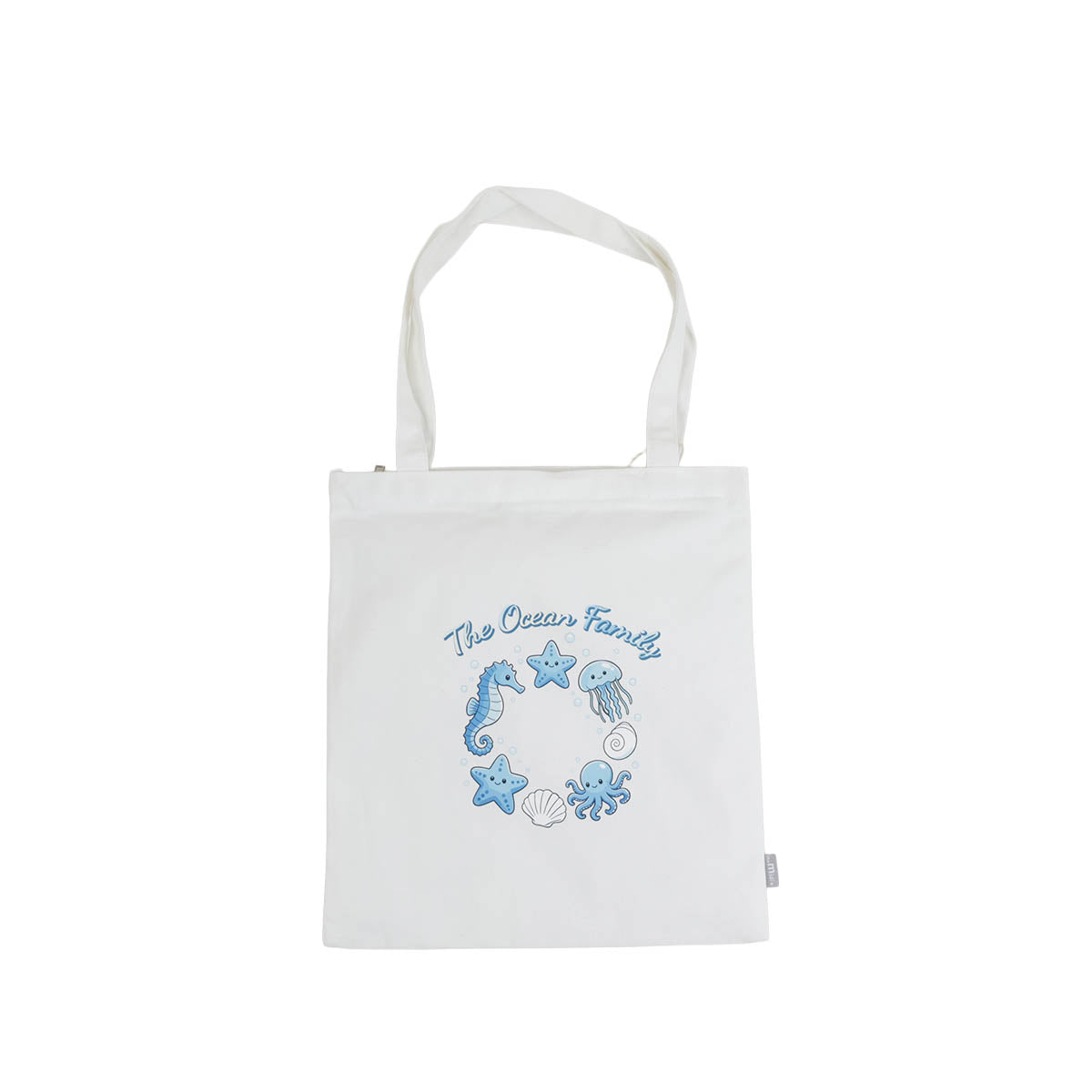 White canvas shoulder tote with blue ocean fairy graphic and top handles