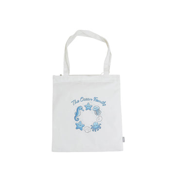 White canvas shoulder tote with blue ocean fairy graphic and top handles