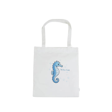 White canvas shoulder bag with blue seahorse graphic on the front panel