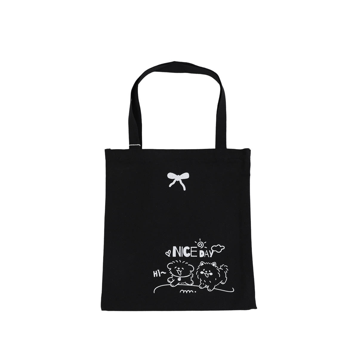 Black tote bag with dog illustration and “NICE DAY” print