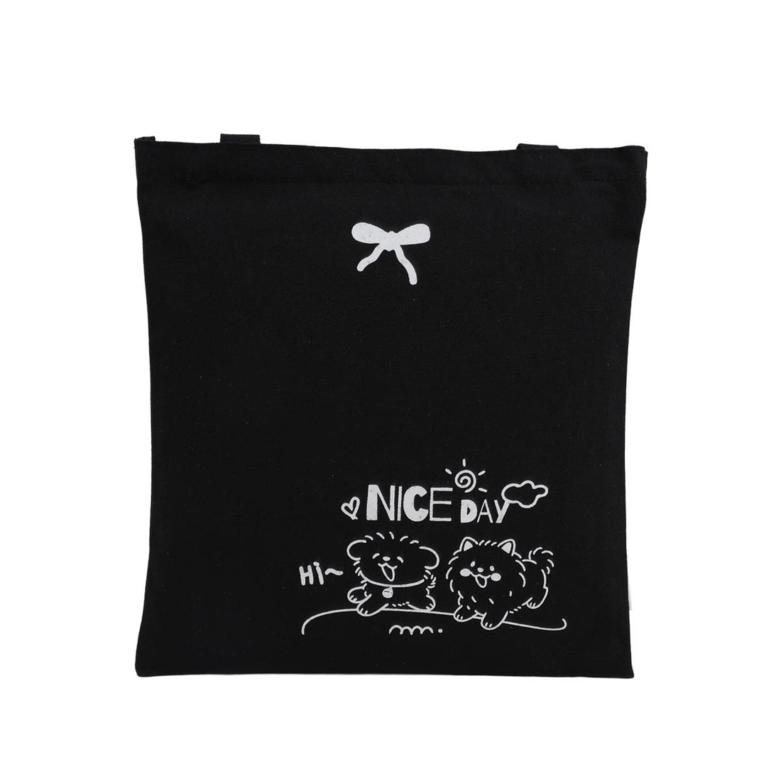Black tote bag with bone icon and dog “NICE DAY” print
