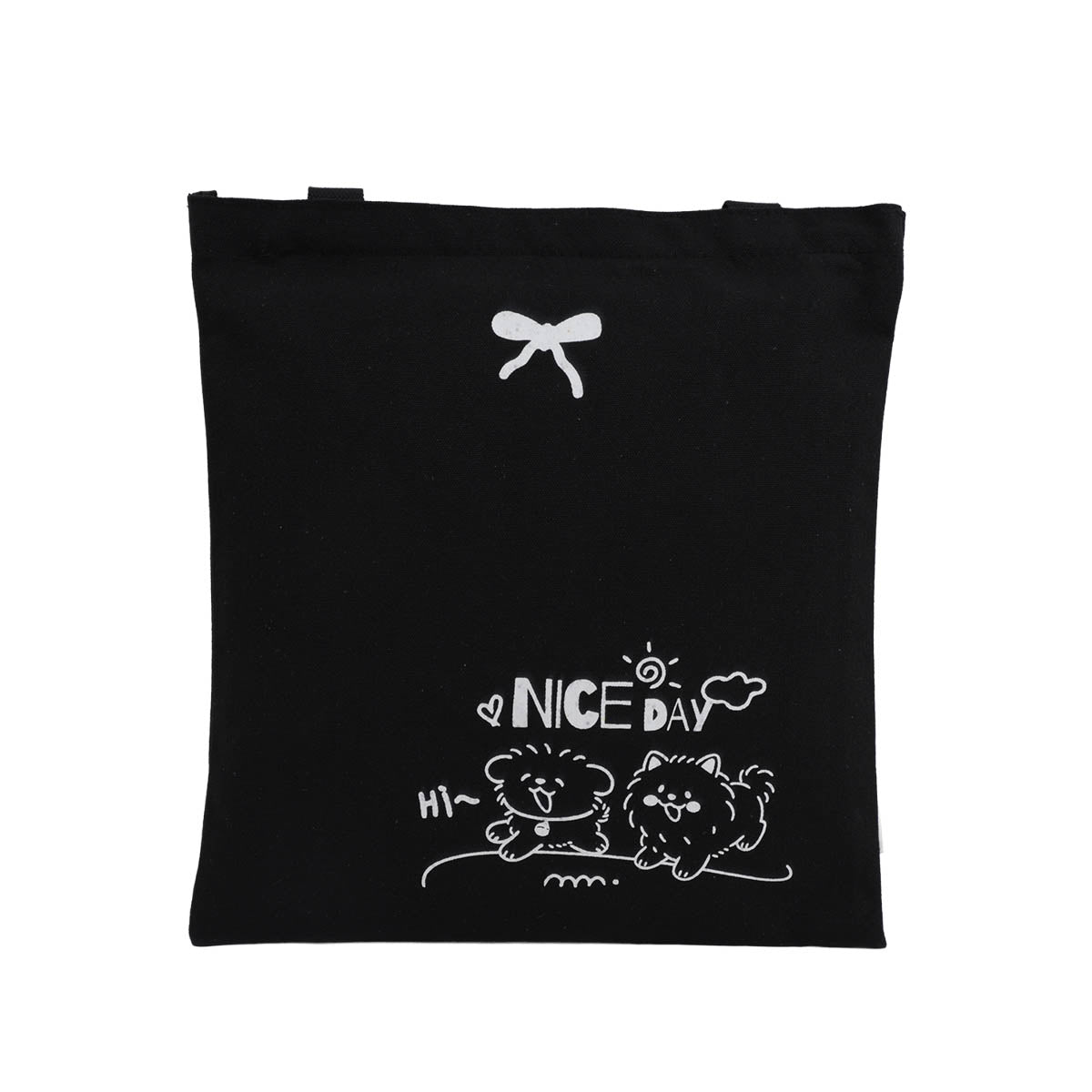Black tote bag with bone icon and dog “NICE DAY” print