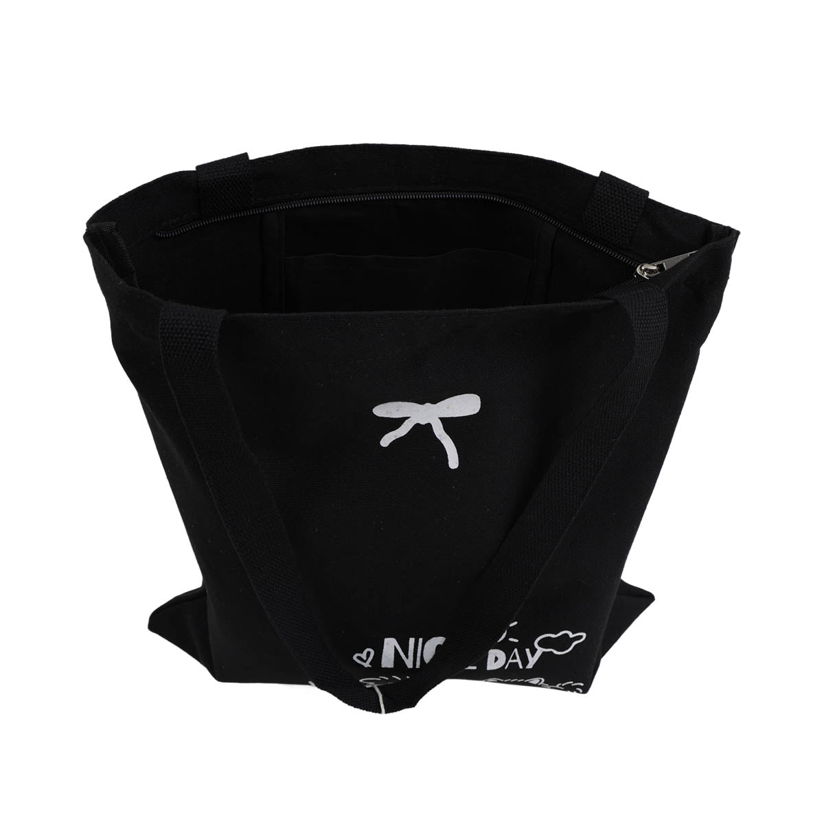 Open black canvas tote with interior lining and side straps