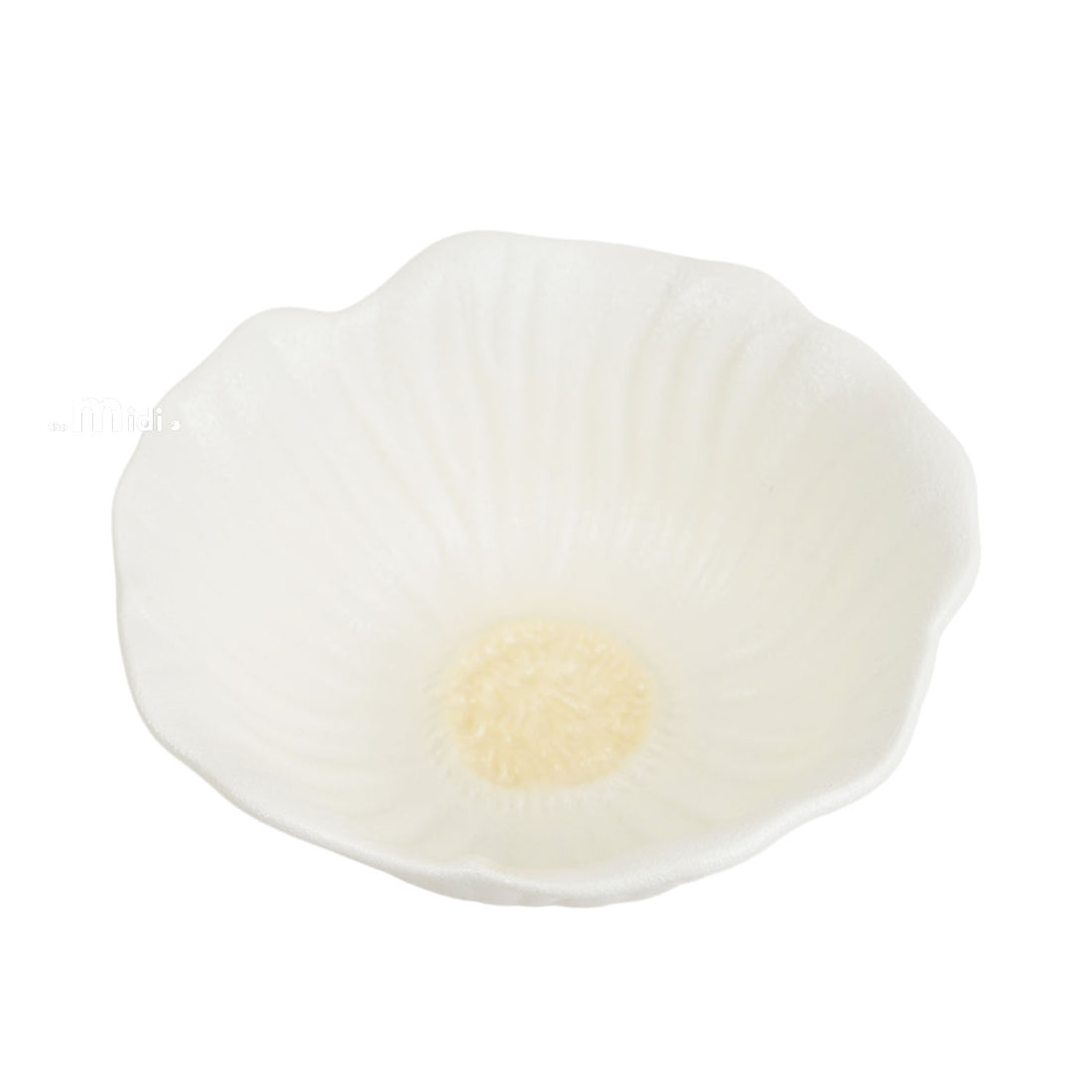 Creamy white frosted flower-shaped bowl with small center flower detail