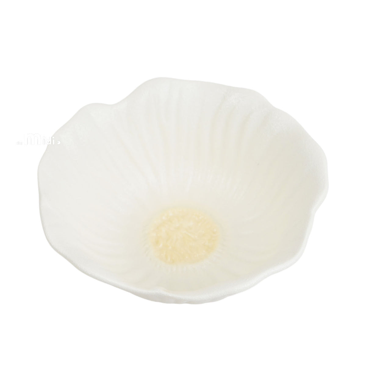 Creamy white frosted flower-shaped bowl with small center flower detail