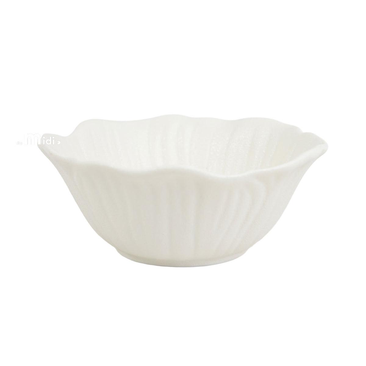Creamy white frosted flower-shaped bowl with fluted ridges and wide rim