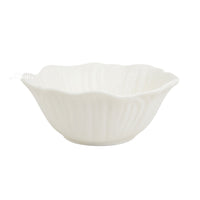 Creamy white frosted flower-shaped bowl with fluted ridges and wide rim