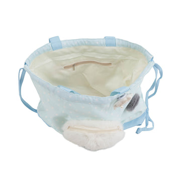 Light blue two-way shoulder bag with seal plush, zipper pocket, and adjustable drawstring