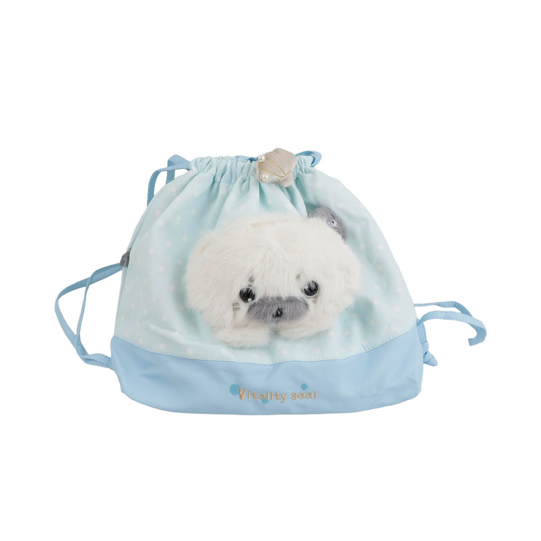 Light blue two-way shoulder bag pouch with seal plush face and drawstring closure