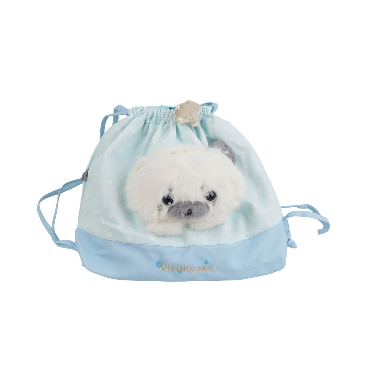 Light blue two-way shoulder bag pouch with seal plush face and drawstring closure