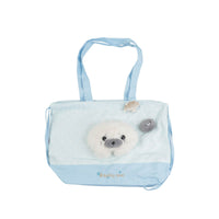 Light blue two-way shoulder bag with handle, seal applique, and drawstring top