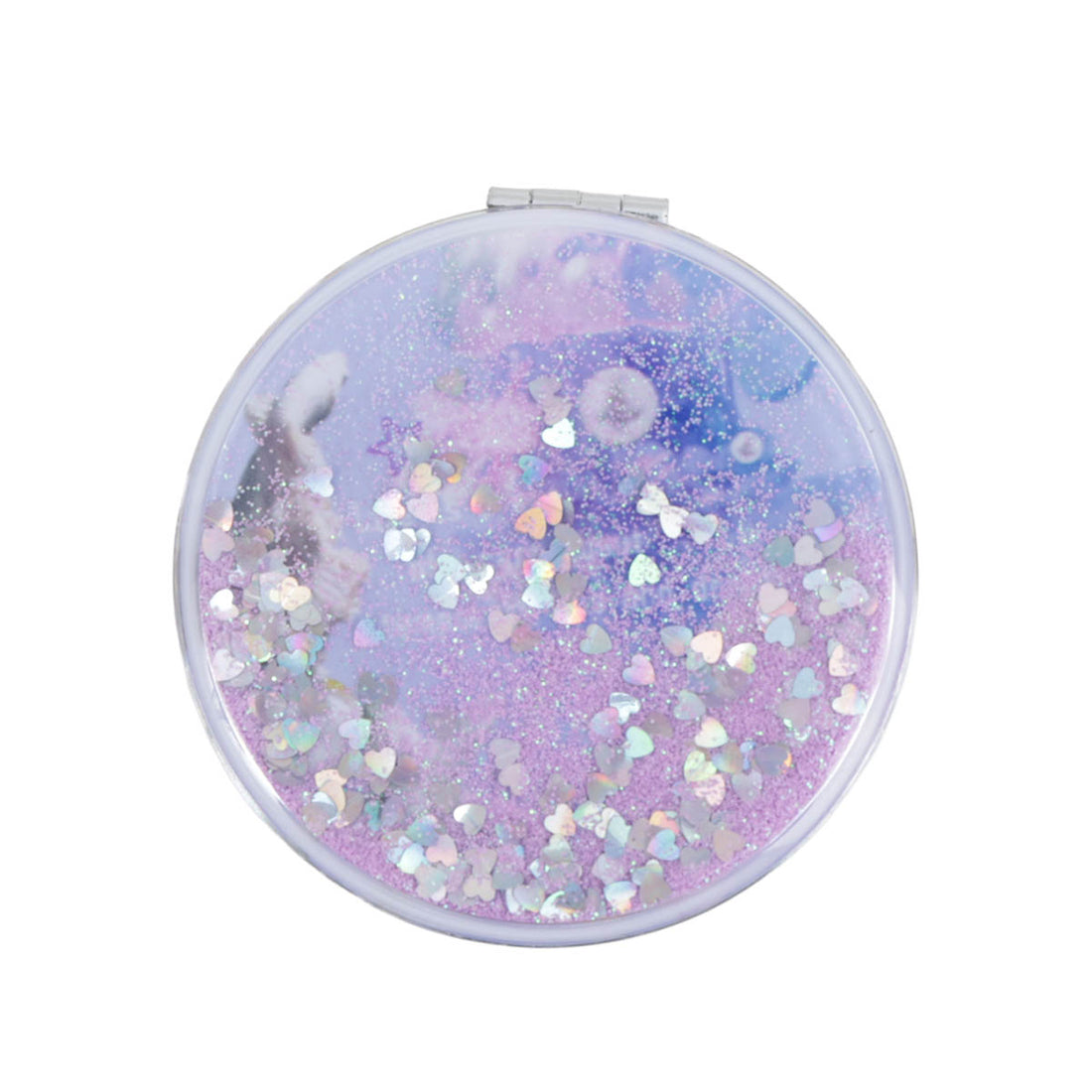 Purple round portable mirror with iridescent glitter and shell-and-butterfly shapes