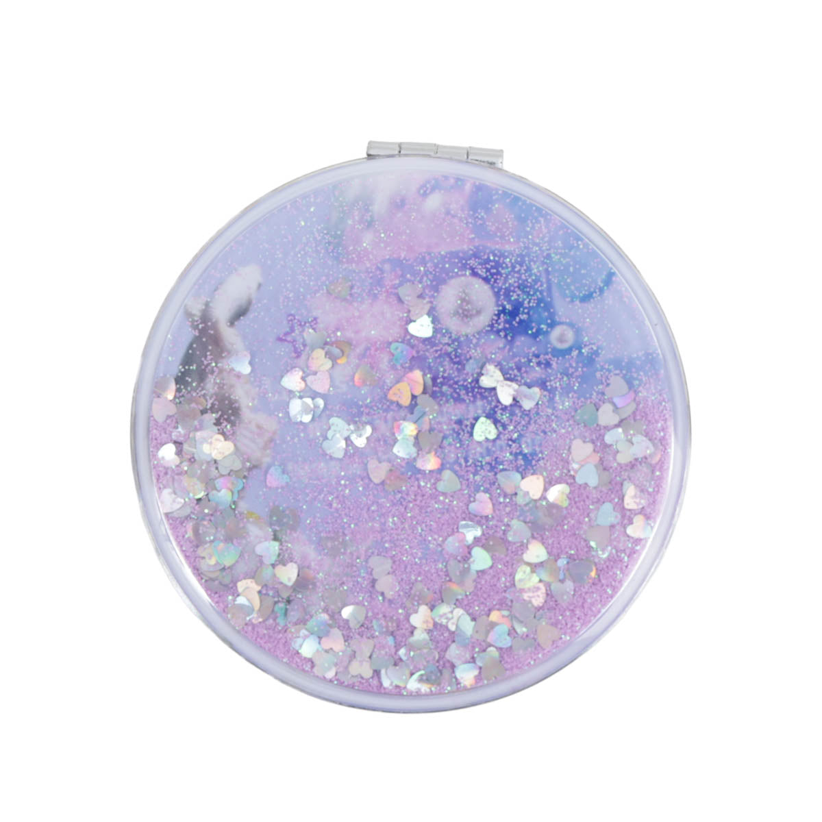 Purple round portable mirror with iridescent glitter and shell-and-butterfly shapes