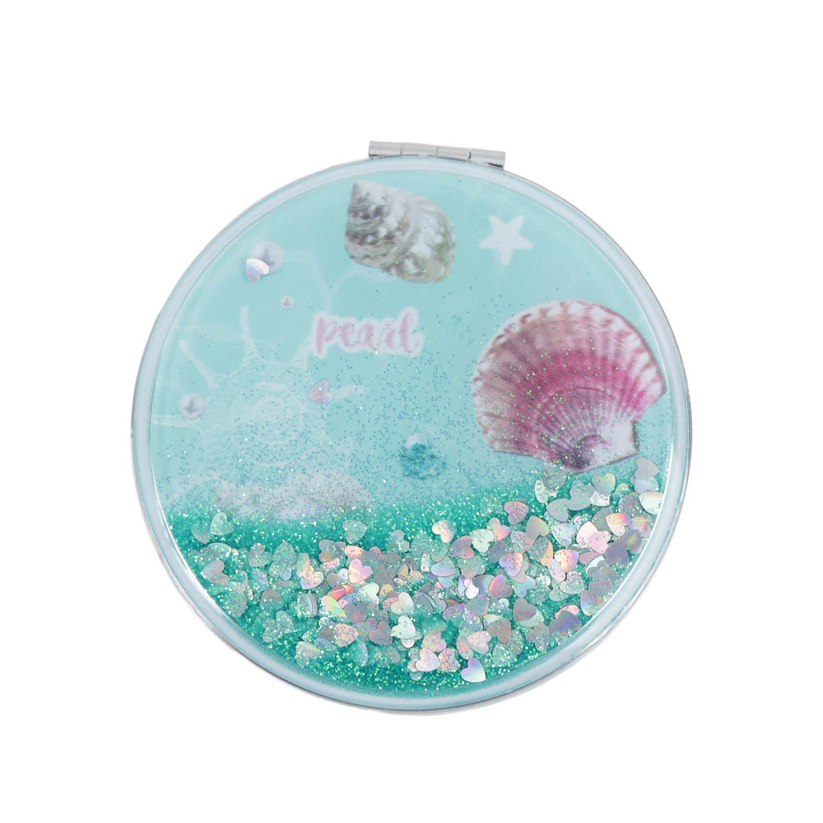 Mint round portable mirror with glitter, "pearl" text, and pink seashell graphics