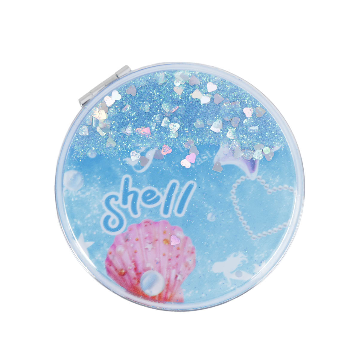 Blue round portable mirror with "shell" text and pink seashell with starfish accents