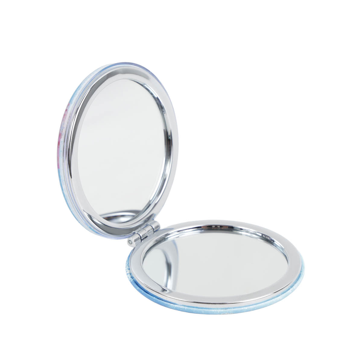 Round portable compact mirror with chrome double-sided reflective surfaces