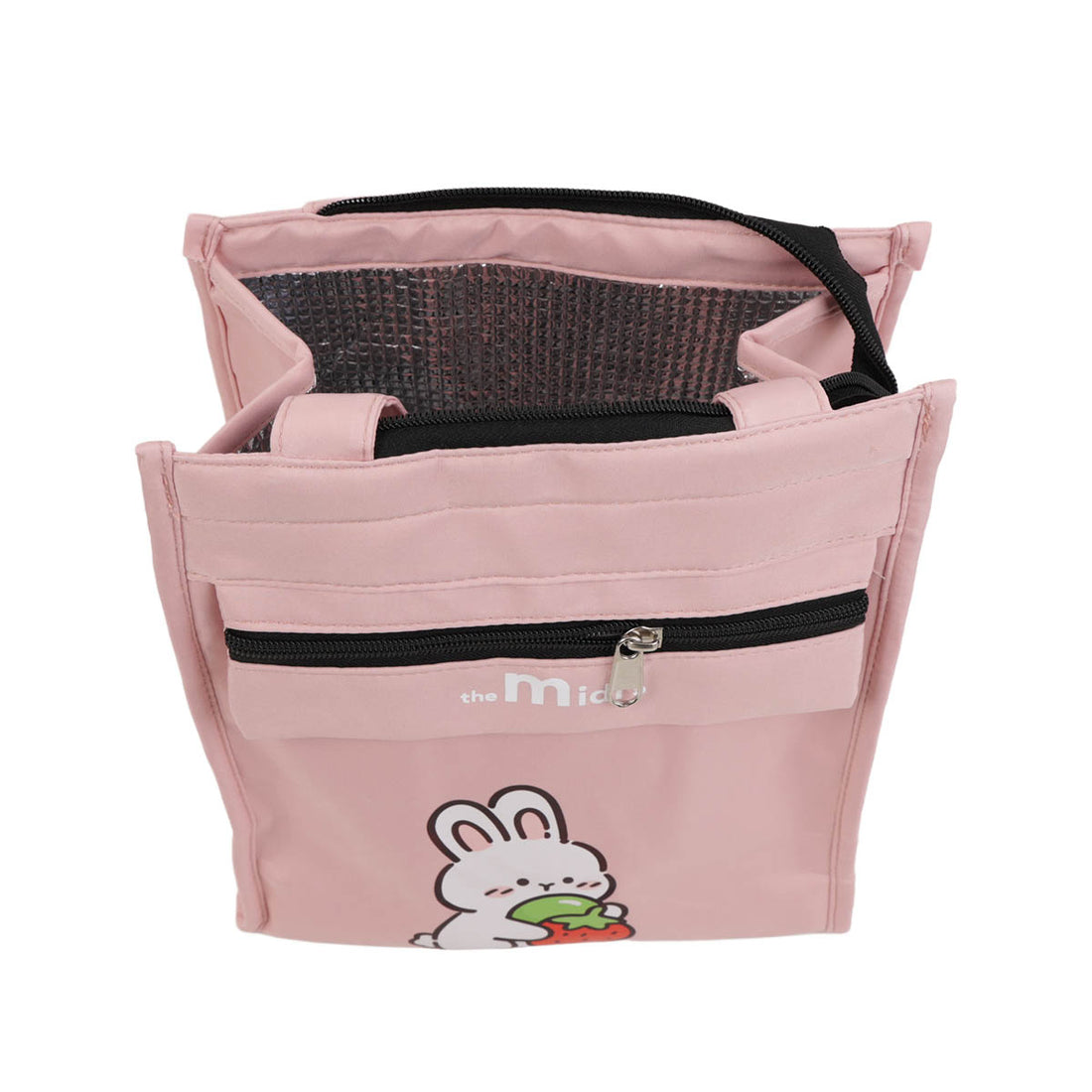 Pink bunny print insulated lunch bag with top zip and front zip pocket