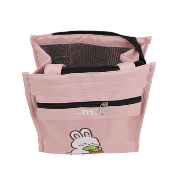 Pink bunny print insulated lunch bag with top zip and front zip pocket