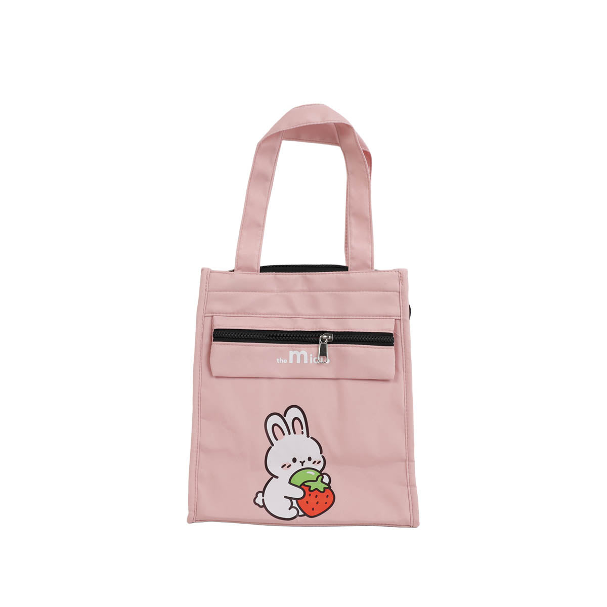 Pink vertical tote-style lunch bag with top handle and bunny graphic front pocket