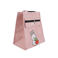 Pink bunny graphic lunch bag with front zip pocket and insulated interior panel