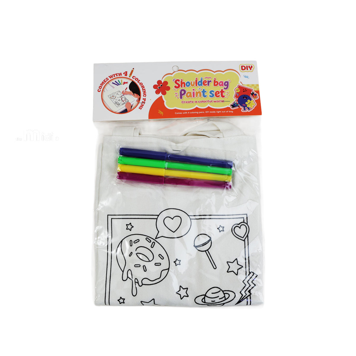 DIY shoulder bag paint set packaging with white canvas bag and marker pens