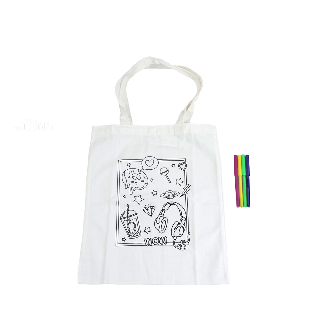 White canvas shoulder bag with outline design and hanging tote handles, with paint markers