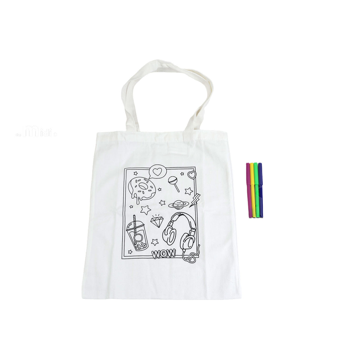 White canvas shoulder bag with outline design and hanging tote handles, with paint markers