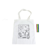 White canvas shoulder bag with outline design and hanging tote handles, with paint markers
