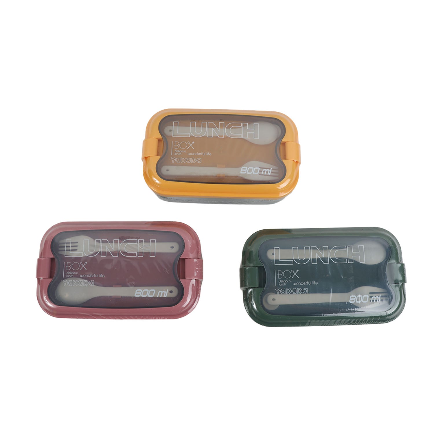 Set of three lunch boxes: maroon, olive green, and yellow with clear windowed lids.