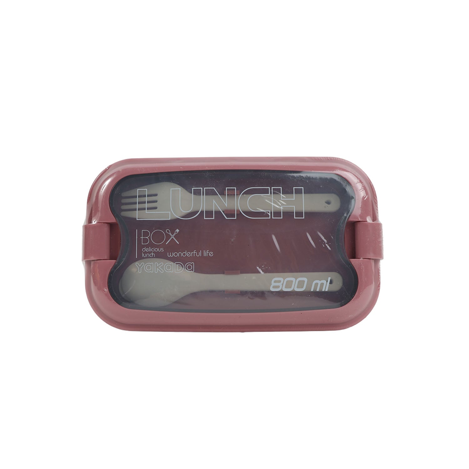 Maroon lunch box with clear windowed lid and 800 ml marking.