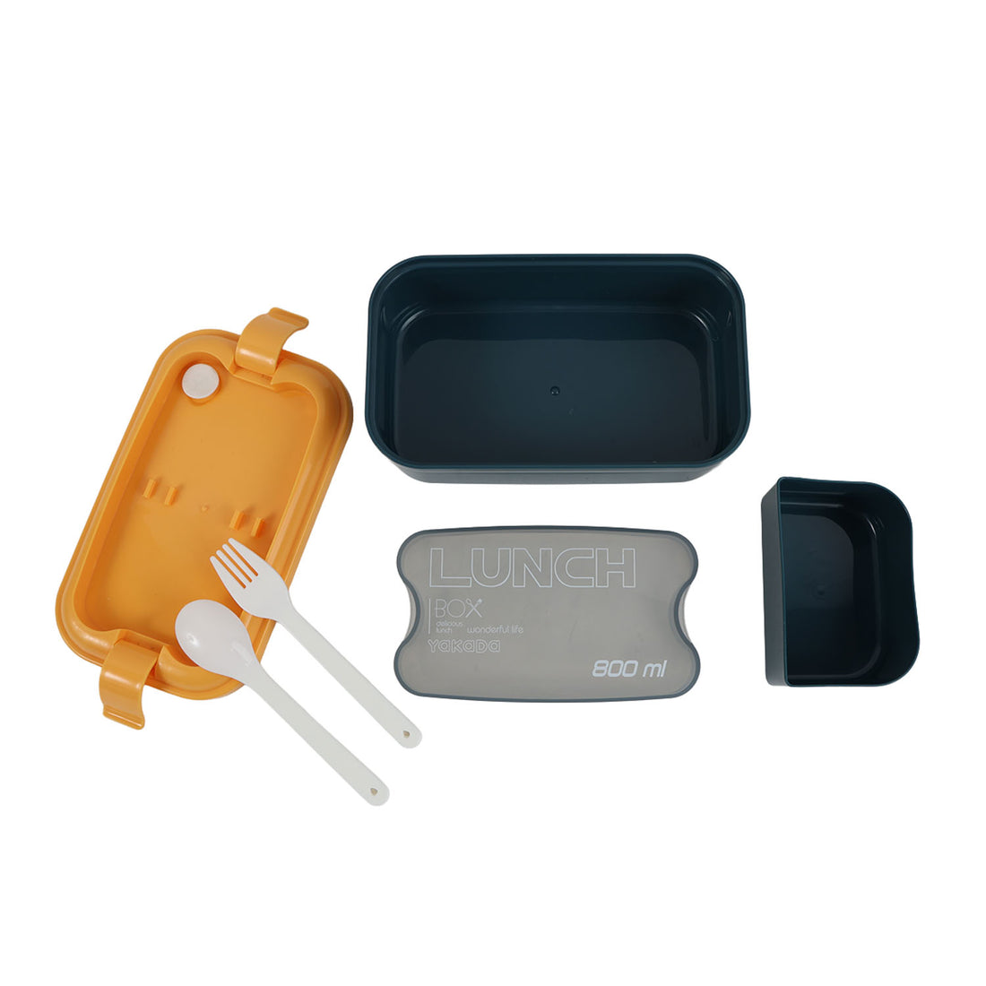 Orange lunch box with open lid; includes spoon and fork plus a detachable latch.