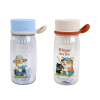 430 ml plastic bottle with handle, blue cap, clear body with animal cat graphic