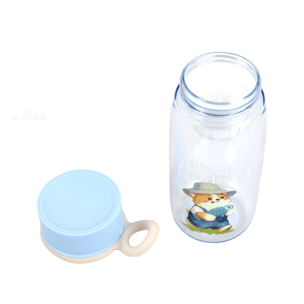 430 ml plastic bottle with handle, clear body with cat graphic, light-blue lid