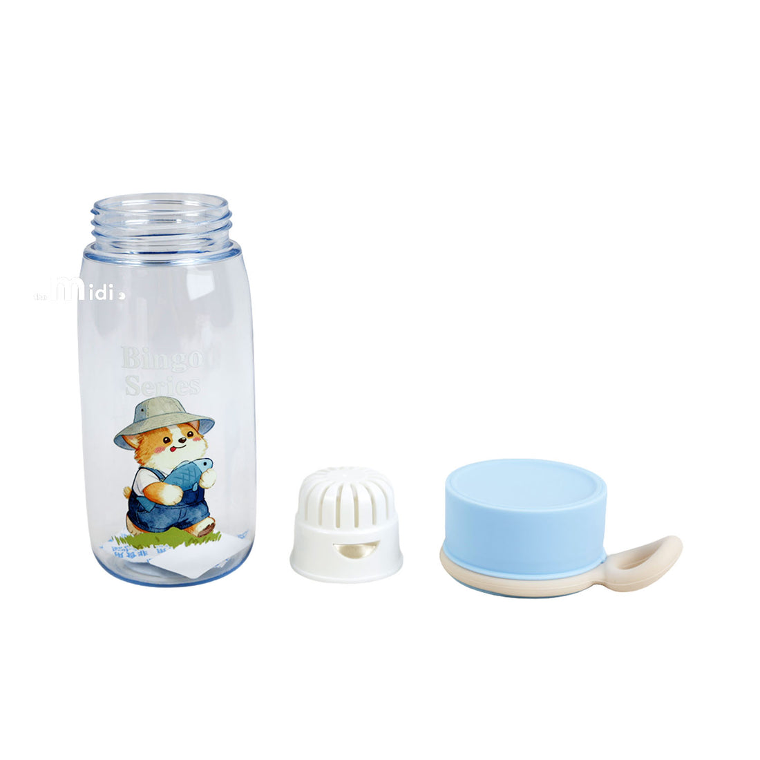 430 ml plastic bottle with handle, clear body with cat graphic, blue cap and parts