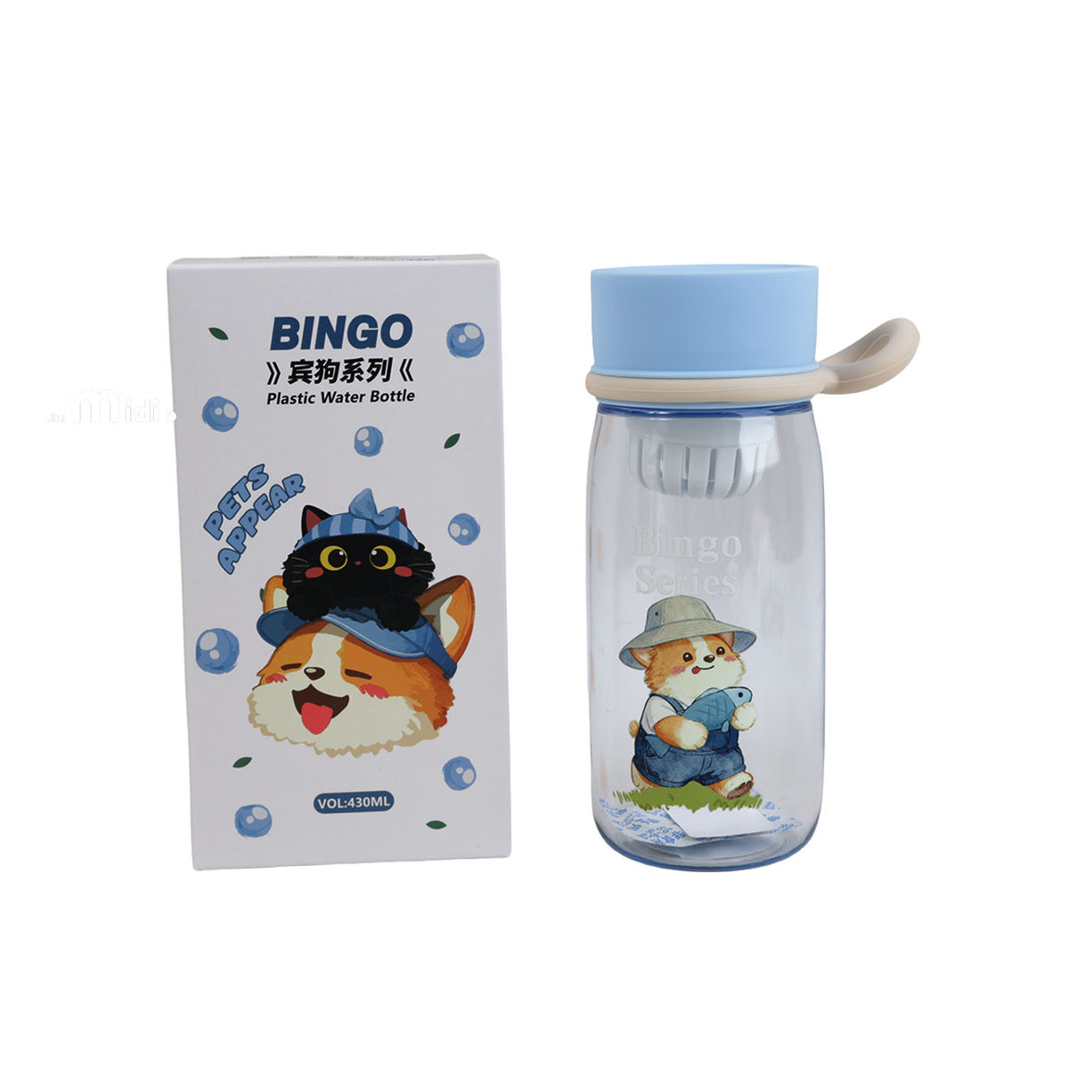 430 ml plastic bottle with handle, blue cap, clear body with cat graphic; retail box