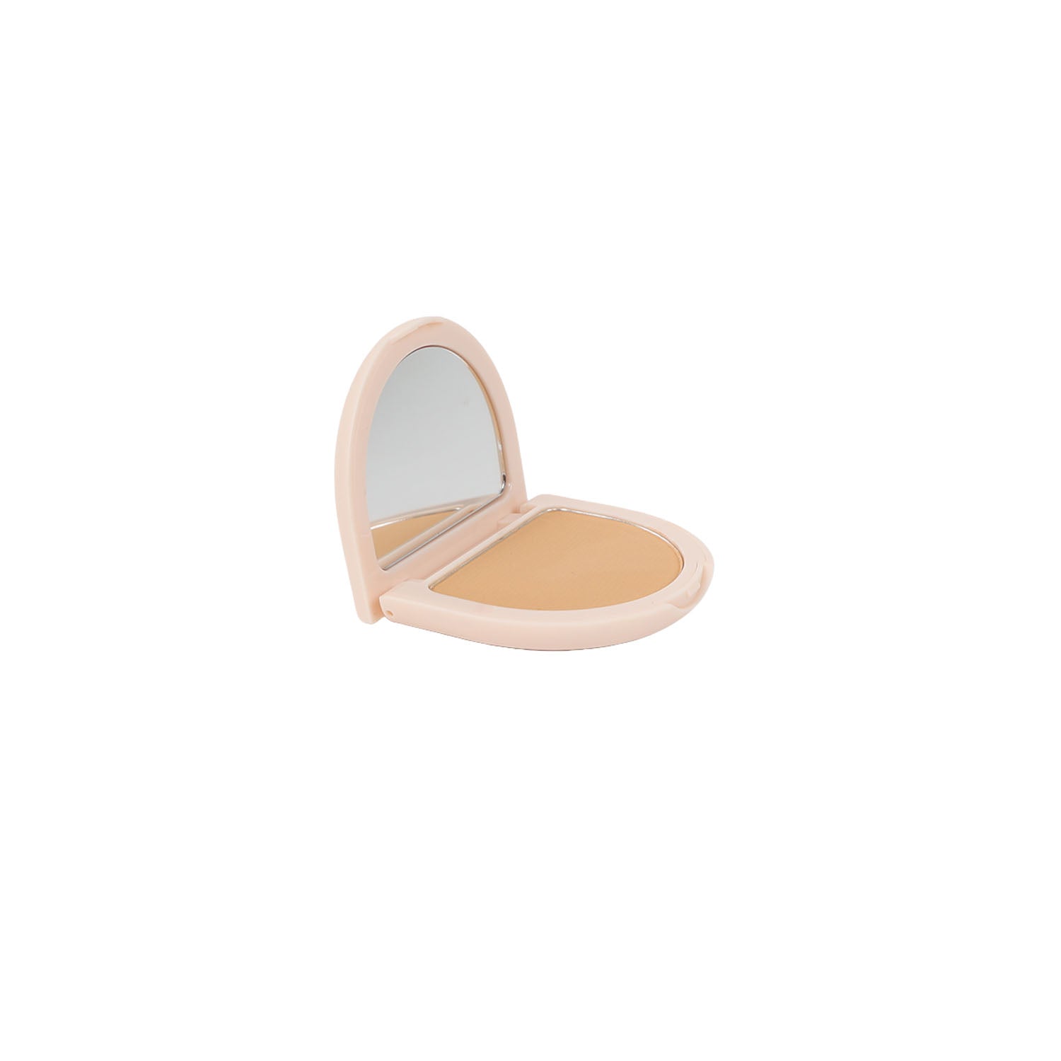 Face powder compact with open lid, beige powder pan