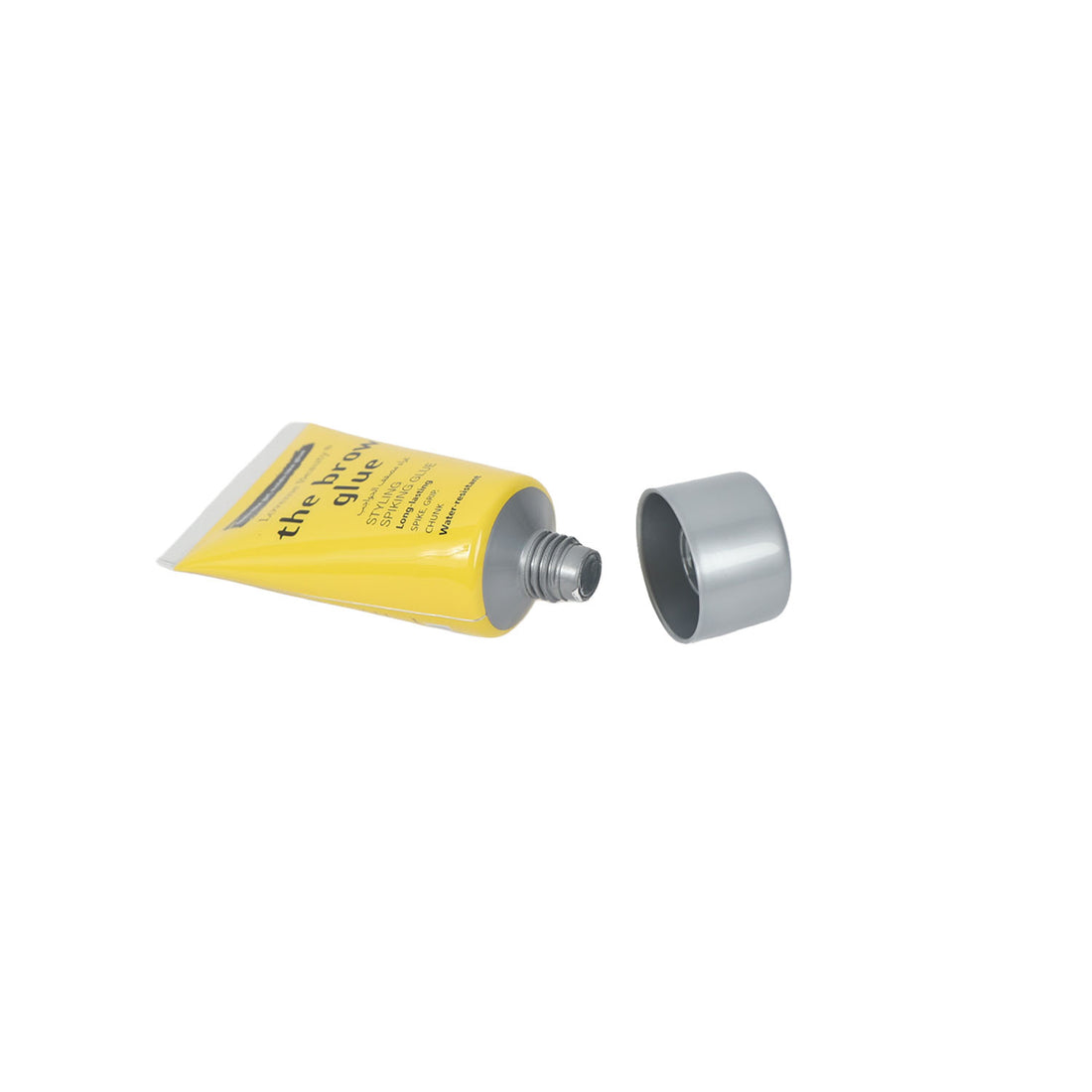 Loveme Beauty brow styling glue tube with cap removed, shown angled