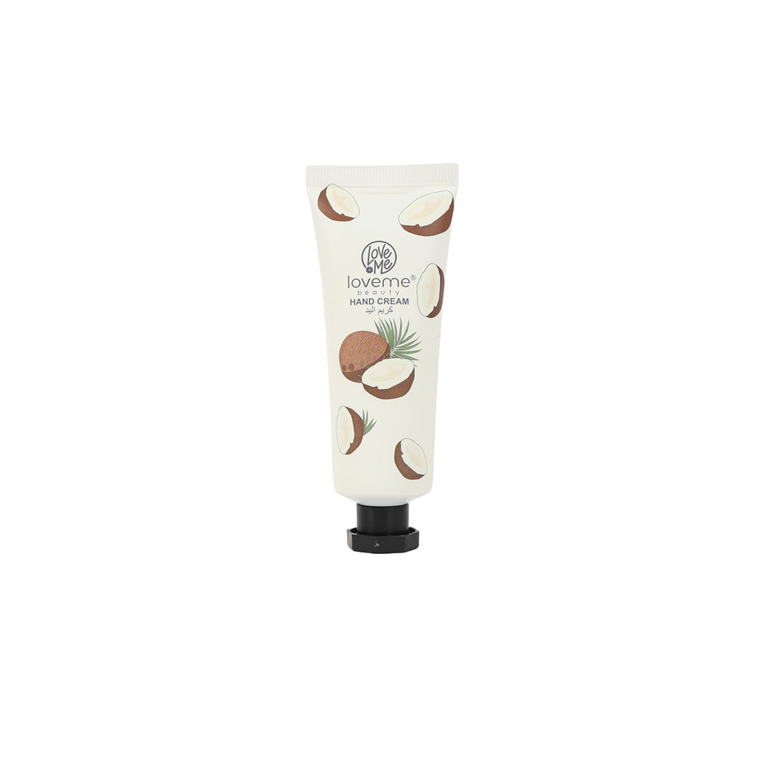 Coconut hand cream tube with illustrated shells and leaves, black screw cap