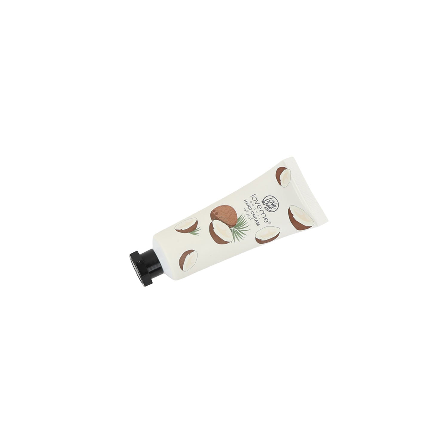 Coconut hand cream tube with leaf and shell print, shown horizontally with black cap