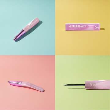 Waterproof eyelash glue liner in pink tube, closed cap, angled view