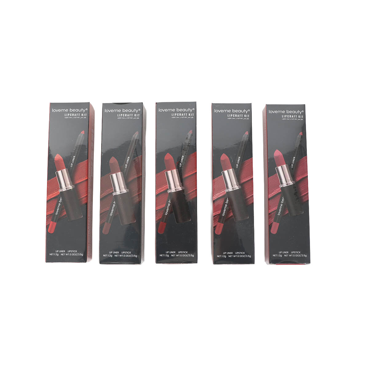 Lip color set packaging, showing multiple boxes with red lipstick and lip liner