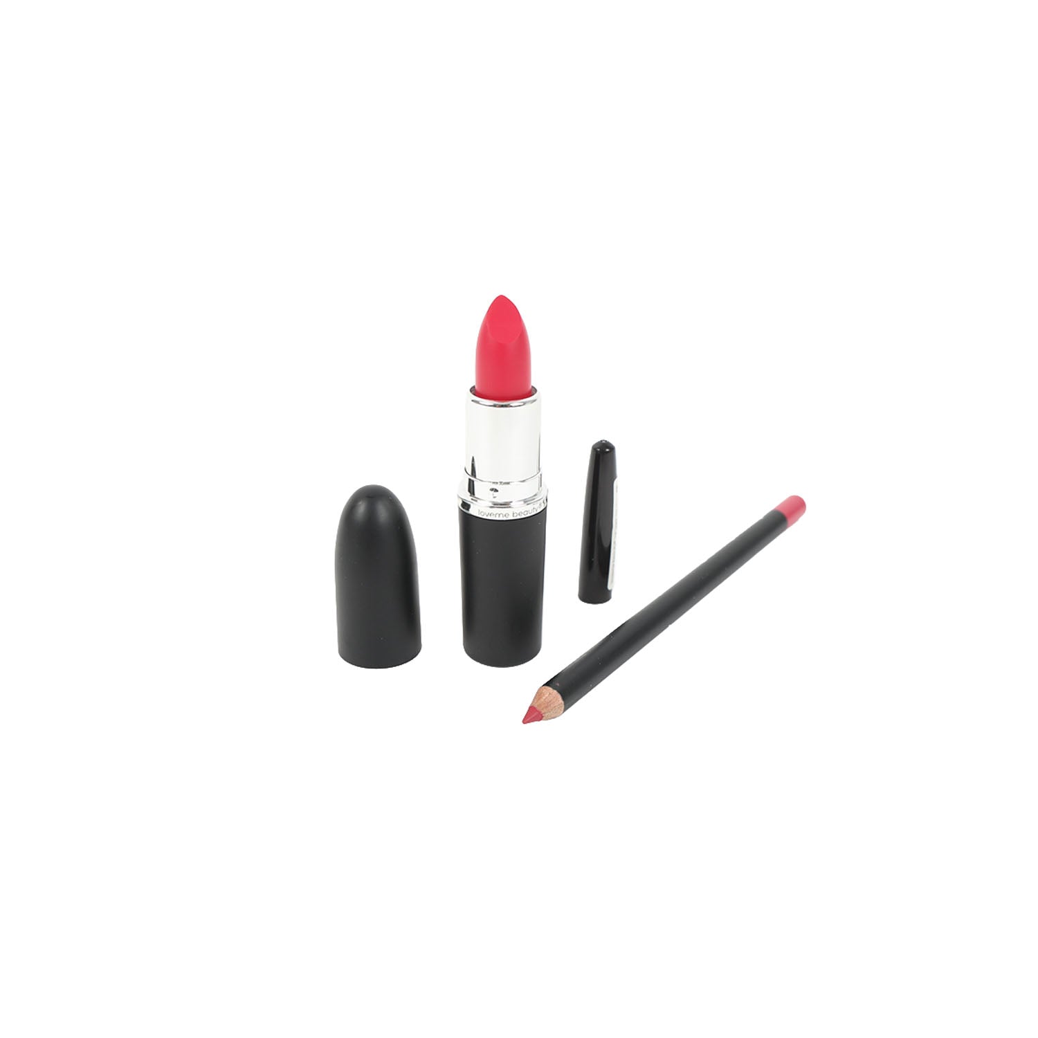 Lipstick and lip liner set with red lipstick, black cap, and matching pencil
