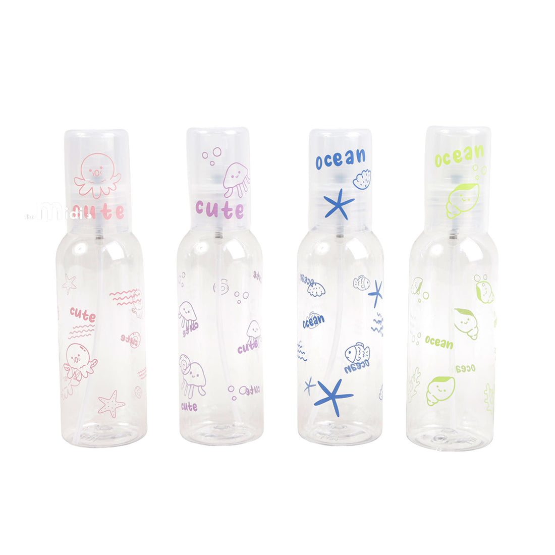 Set of 100ml travel empty spray bottles, clear plastic with cute ocean-themed prints