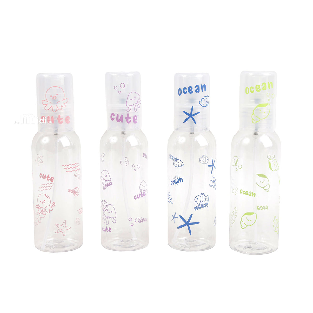 Set of 100ml travel empty spray bottles, clear plastic with cute ocean-themed prints